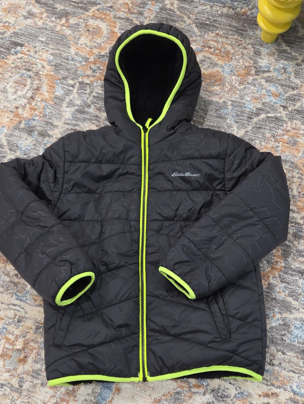 Eddie Bauer Black Kids Puffer Jacket with Neon Green Trim - Reversible